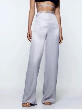 Zara Lavender Purple Satin Flowing Wide Leg Pants High Waisted Wrap Tie Small